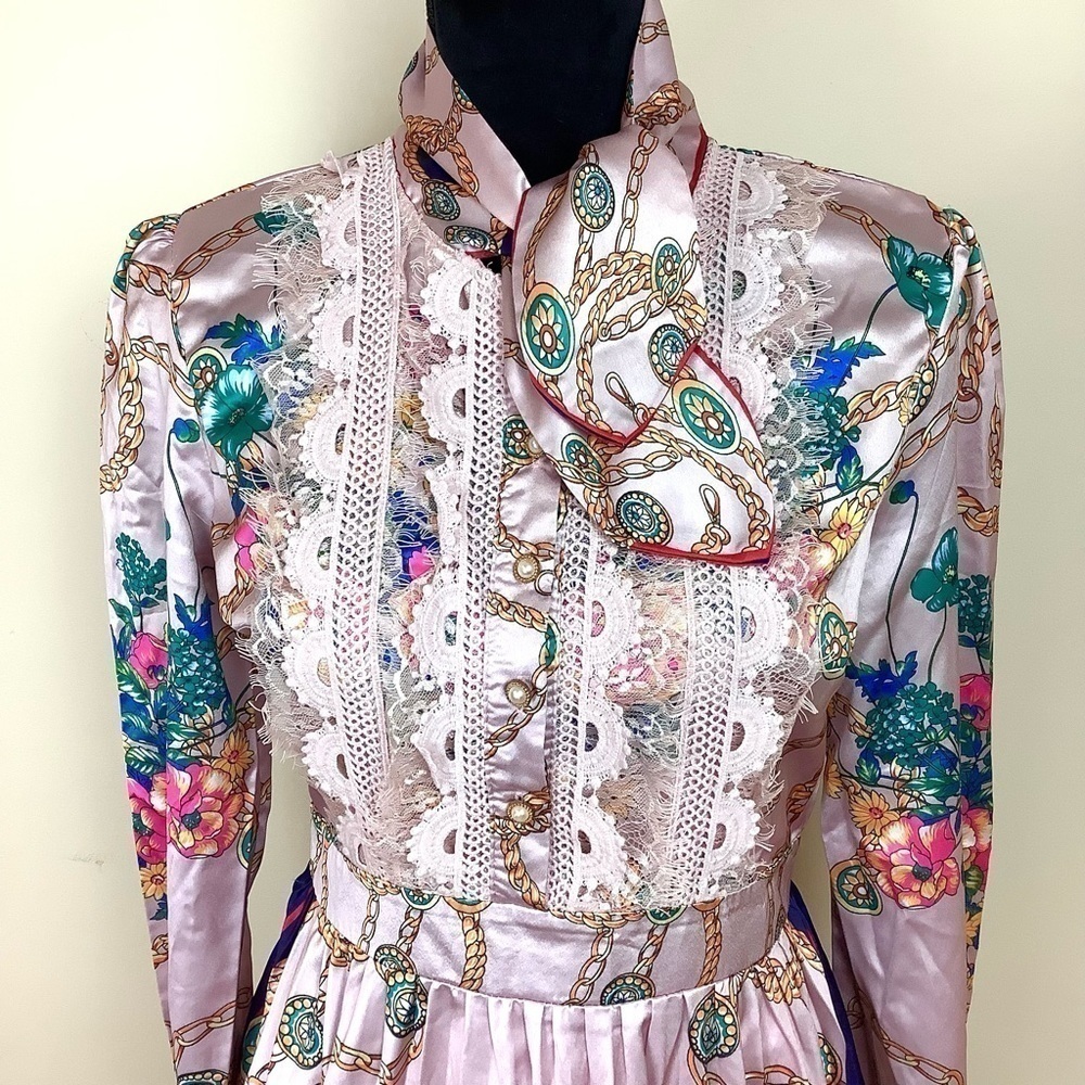 DALIA MACPHEE WHIMSICAL FLORAL SATIN SILKY PINK DRESS - Picture 7 of 13
